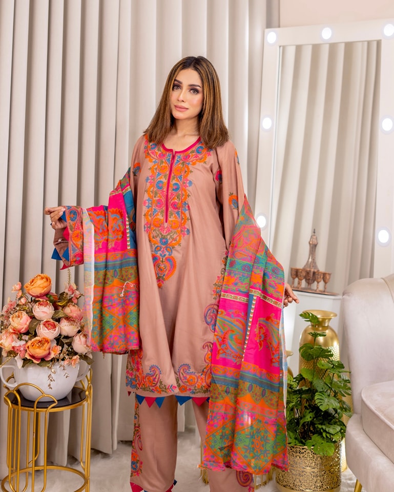 MultiColor Embroidery Three Pieces And Digital Print Dupatta G111